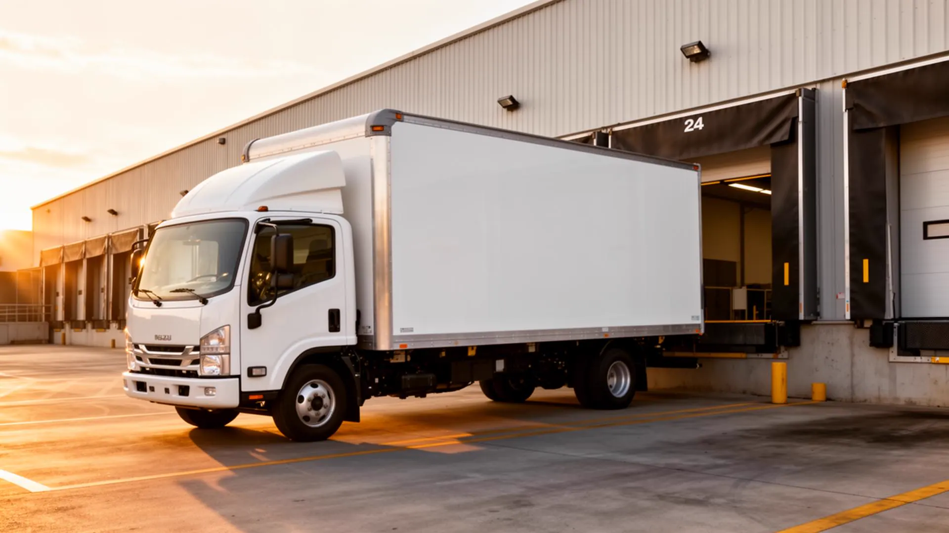 White commercial box truck with enclosed cargo area at a loading dock